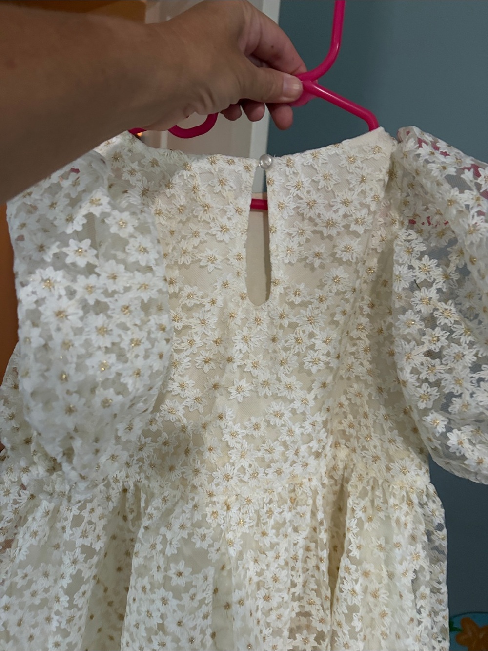 Cream Floral Lace Kids Dress with Puff Sleeves - Picture 4 of 5